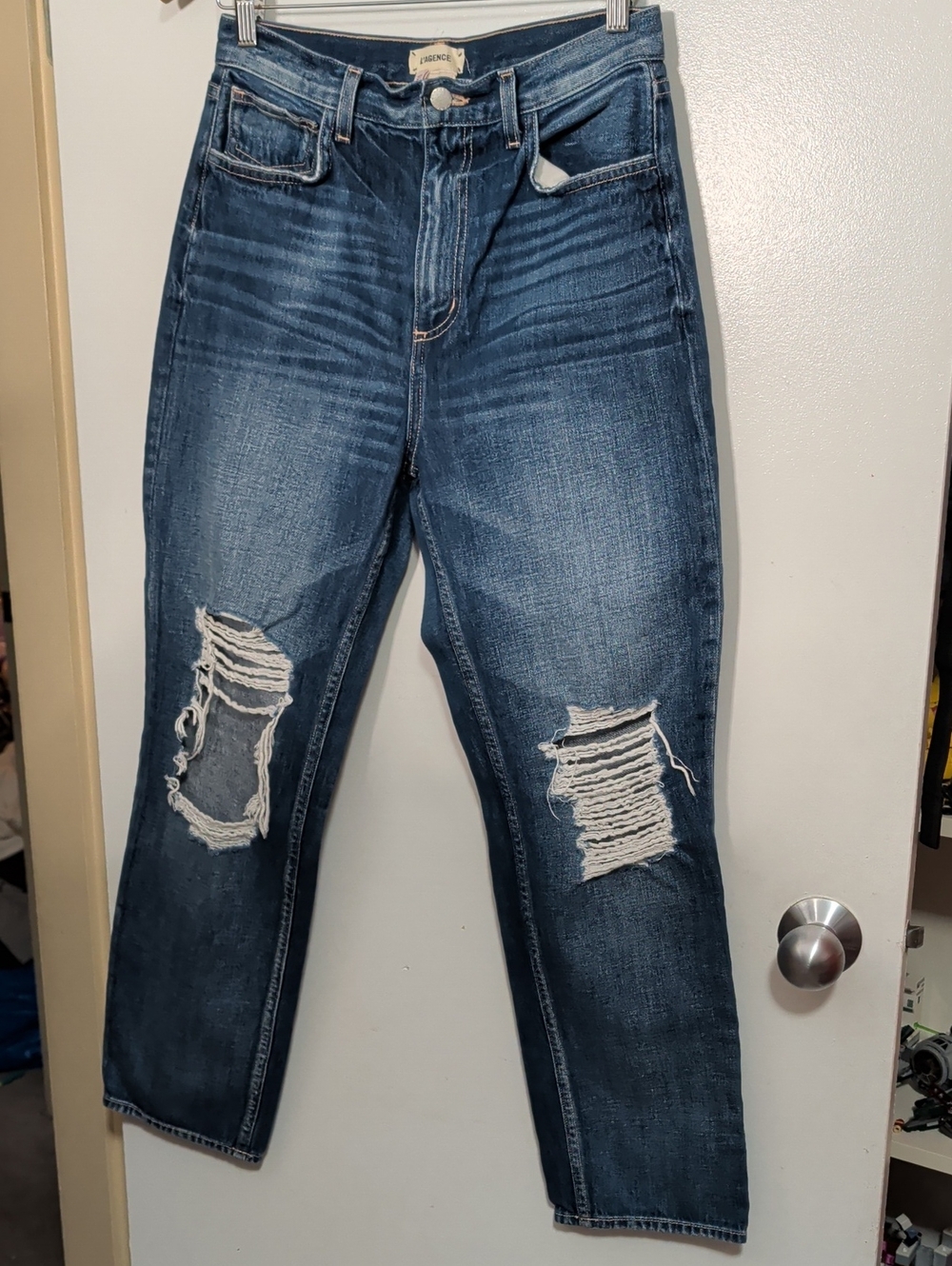 L'AGENCE Ezra Ultra High Rise Dark Blue High-Rise Distressed Straight Jeans 27